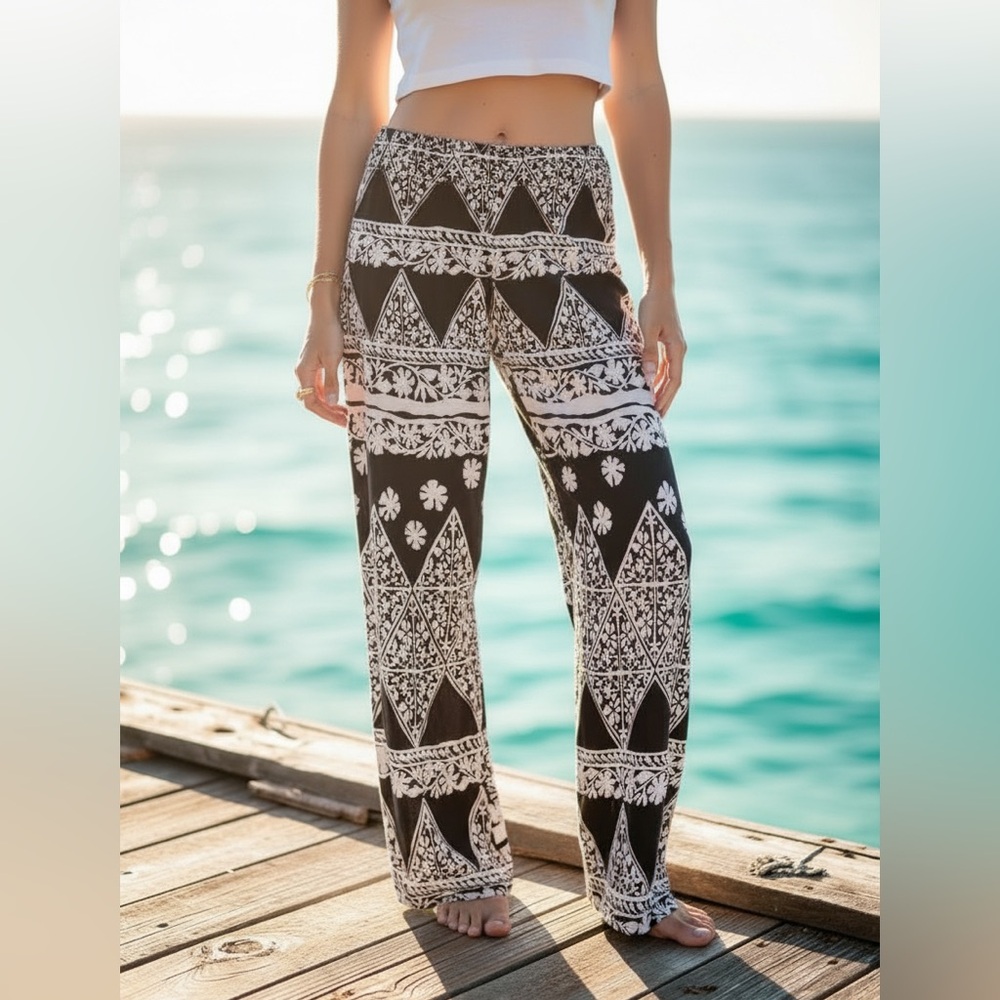 Tori Richard Isabel Hawaiian Black and Cream Pant Beach Resortwear NWT Size M